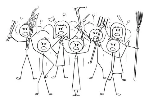 Vector Cartoon of Angry Mob Stick Characters with Tools as Weapons Stock Illustration