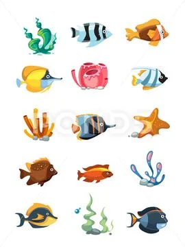 Vector cartoon aquarium decor objects, underwater assets for mobile phone game Stock Illustration