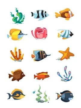 Vector cartoon aquarium decor objects, underwater assets for mobile phone game Stock Illustration
