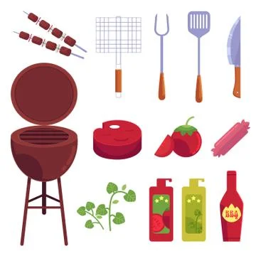 Vector cartoon barbecue, bbq grill symbols set. Illustrazione stock