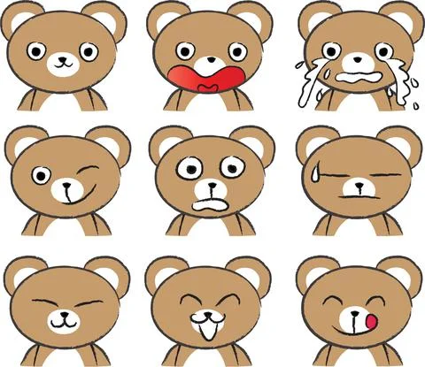 Vector cartoon bear emoji face Sticker set Illustrazione stock