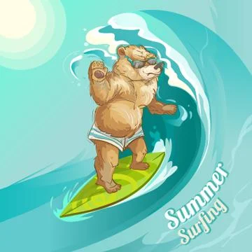 Vector cartoon bear surfing riding wave Stock Illustration