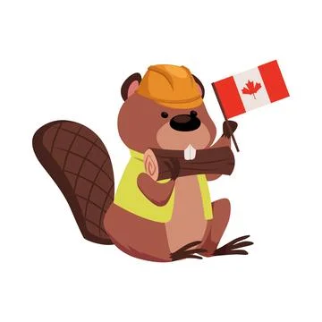 Vector cartoon beaver wearing construction helmet, vests with log in teeth and Stock Illustration