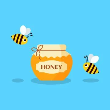 Vector cartoon bees flying around a brimful jar of honey. Stock Illustration