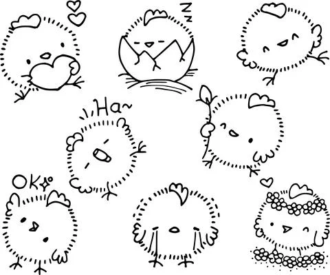 Vector cartoon black and white chicks sticker set Stock Illustration