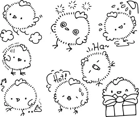 Vector cartoon black and white chicks sticker set Stock Illustration