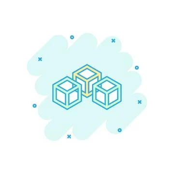 Vector cartoon blockchain technology icon in comic style. Cryptography cube b Stock Illustration