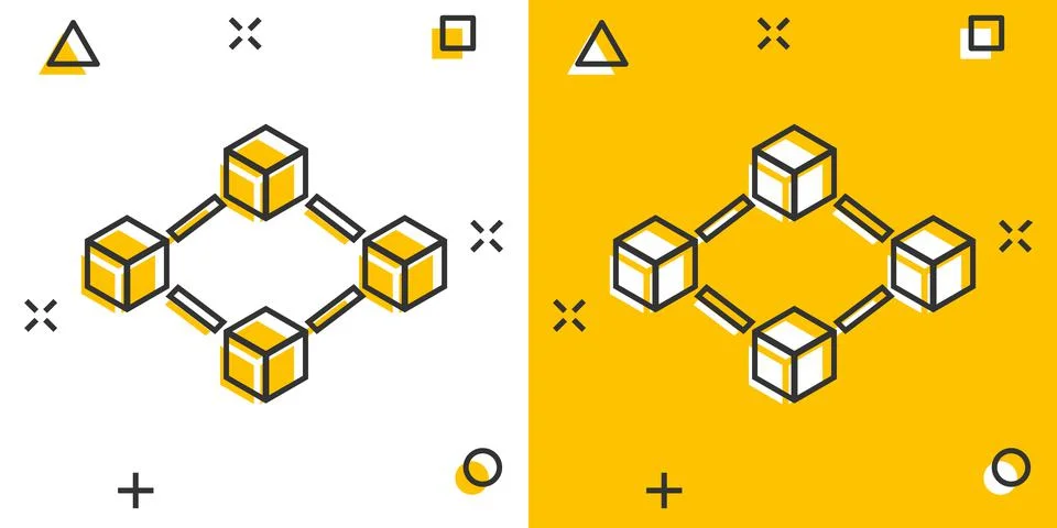 Vector cartoon blockchain technology icon in comic style. Cryptography cube b Stock Illustration