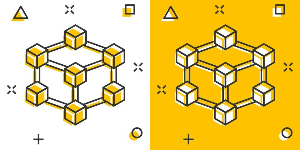 Vector cartoon blockchain technology icon in comic style. Cryptography cube b Stockillustratie