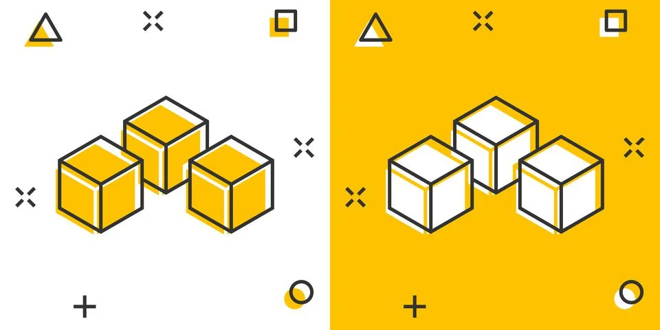 Vector cartoon blockchain technology icon in comic style. Cryptography cube b Stock Illustration