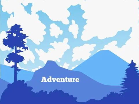 Vector cartoon blue background - silhouettes of mountains and clouds Stock Illustration