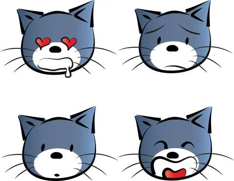 Vector cartoon blue cat face emoji sticker set Stock Illustration