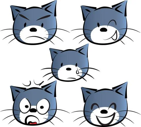 Vector cartoon blue cat face emoji sticker set Stock Illustration
