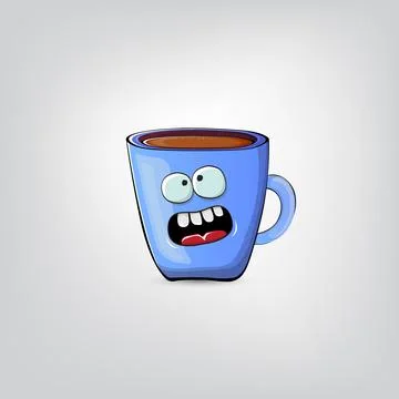 Vector cartoon blue coffee cup character with smiling face isolated on grey Stock Illustration