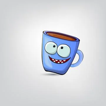 Vector cartoon blue coffee cup character with smiling face isolated on grey Stock Illustration