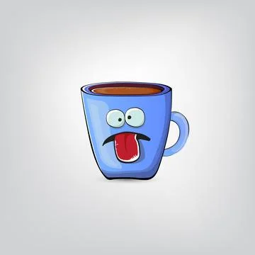 Vector cartoon blue coffee cup character with smiling face isolated on grey Stock Illustration