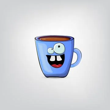 Vector cartoon blue coffee cup character with smiling face isolated on grey Stock Illustration