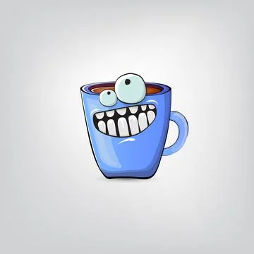 Vector cartoon blue coffee cup character with smiling face isolated on grey Stock Illustration
