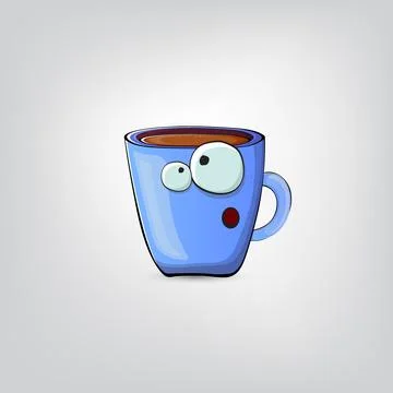 Vector cartoon blue coffee cup character with smiling face isolated on grey Stock Illustration