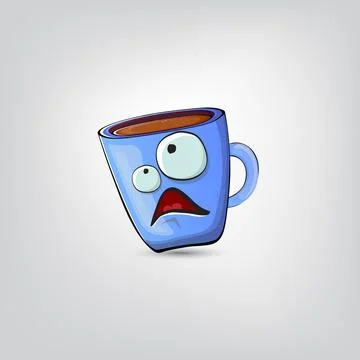 Vector cartoon blue coffee cup character with smiling face isolated on grey Stock Illustration