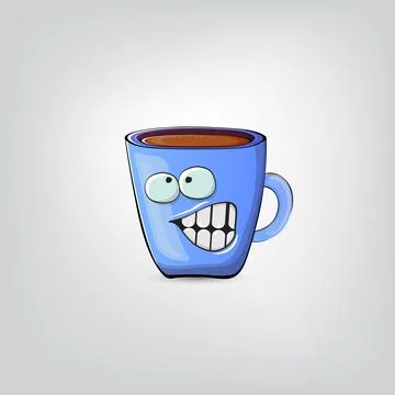 Vector cartoon blue coffee cup character with smiling face isolated on grey Stock Illustration