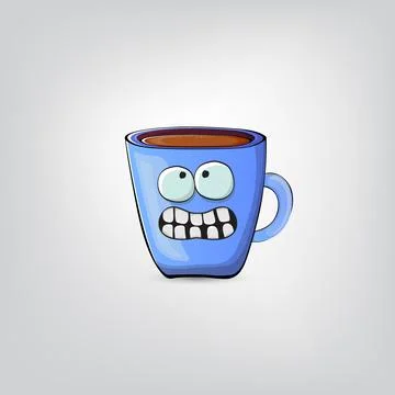 Vector cartoon blue coffee cup character with smiling face isolated on grey Stock Illustration