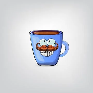 Vector cartoon blue coffee cup character with smiling face isolated on grey Stock Illustration