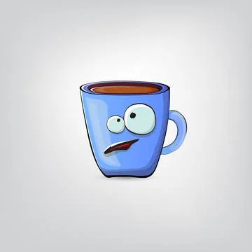 Vector cartoon blue coffee cup character with smiling face isolated on grey Stock Illustration