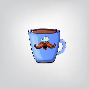Vector cartoon blue coffee cup character with smiling face isolated on grey Stock Illustration