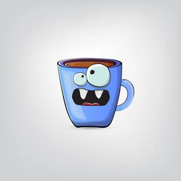 Vector cartoon blue coffee cup character with smiling face isolated on grey Stock Illustration