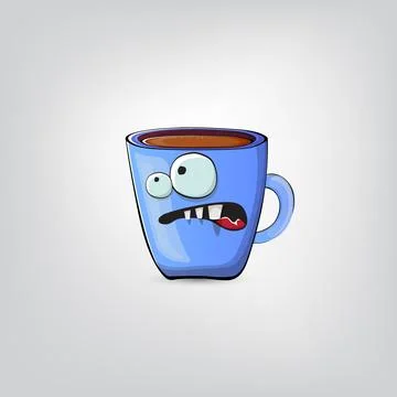 Vector cartoon blue coffee cup character with smiling face isolated on grey Stock Illustration