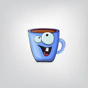 Vector cartoon blue coffee cup character with smiling face isolated on grey Stock Illustration