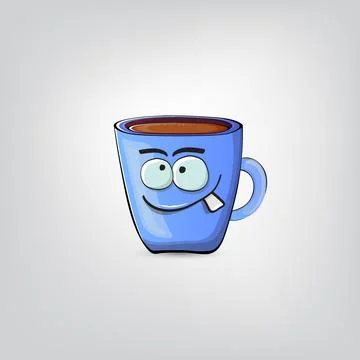 Vector cartoon blue coffee cup character with smiling face isolated on grey Stock Illustration