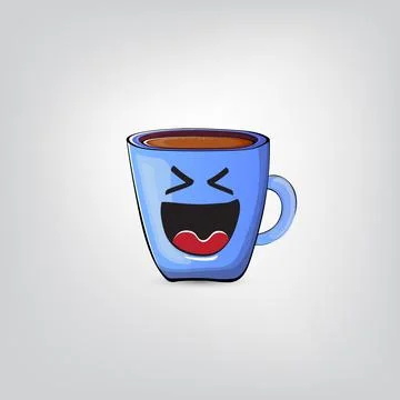 Vector cartoon blue coffee cup character with smiling face isolated on grey Stock Illustration
