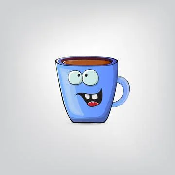 Vector cartoon blue coffee cup character with smiling face isolated on grey Stock Illustration