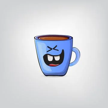 Vector cartoon blue coffee cup character with smiling face isolated on grey Stock Illustration