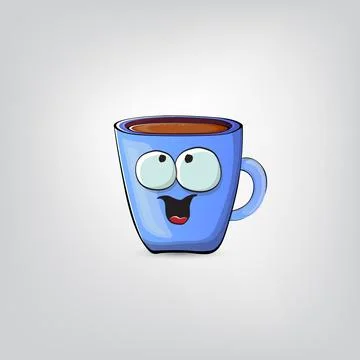 Vector cartoon blue coffee cup character with smiling face isolated on grey Stock Illustration