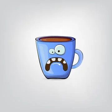Vector cartoon blue coffee cup character with smiling face isolated on grey Stock Illustration