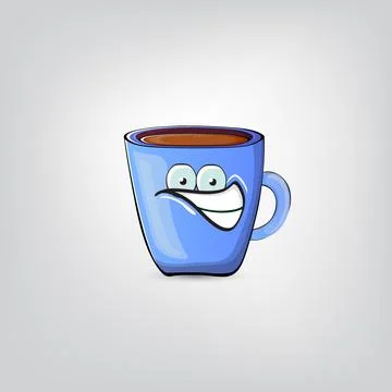 Vector cartoon blue coffee cup character with smiling face isolated on grey Stock Illustration