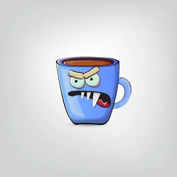 Vector cartoon blue coffee cup character with smiling face isolated on grey Stock Illustration
