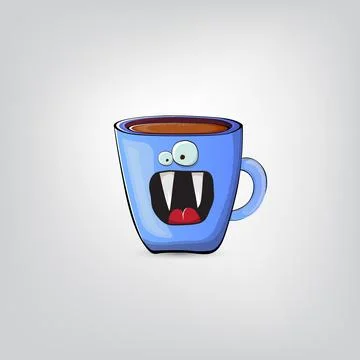 Vector cartoon blue coffee cup character with smiling face isolated on grey Stock Illustration