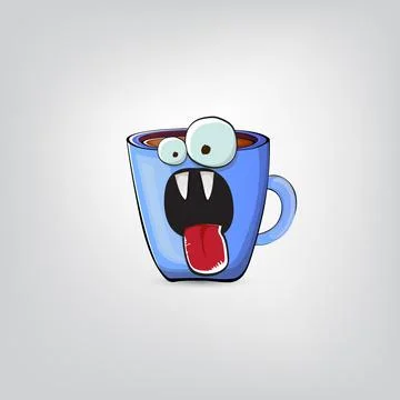 Vector cartoon blue coffee cup character with smiling face isolated on grey Stock Illustration