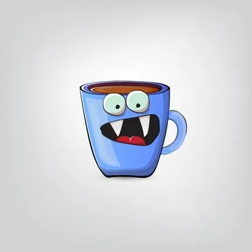 Vector cartoon blue coffee cup character with smiling face isolated on grey Stock Illustration