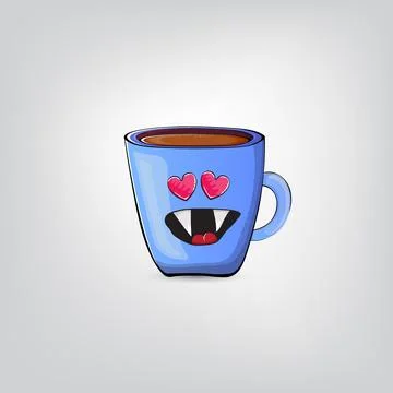 Vector cartoon blue coffee cup character with smiling face isolated on grey Stock Illustration