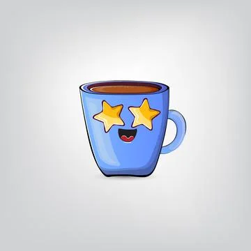 Vector cartoon blue coffee cup character with smiling face isolated on grey Stock Illustration
