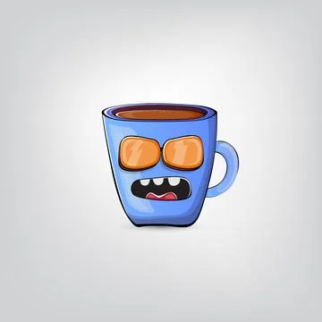 Vector cartoon blue coffee cup character with smiling face isolated on grey Stock Illustration