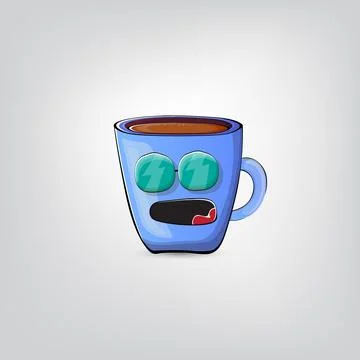 Vector cartoon blue coffee cup character with smiling face isolated on grey Stock Illustration