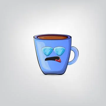 Vector cartoon blue coffee cup character with smiling face isolated on grey Stock Illustration