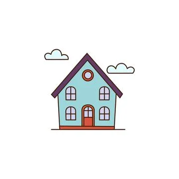 Vector cartoon blue house with clouds on the sky icon. Vector house with red Stock Illustration