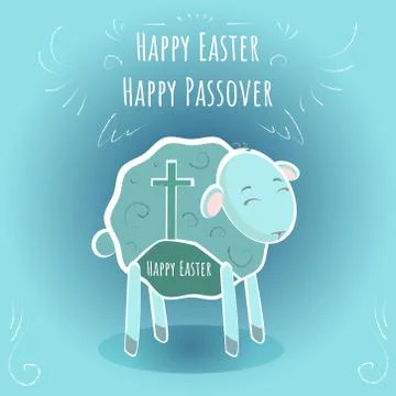 Vector cartoon  blue sheep - greeting card - Happy Easter, happy Passover Stock Illustration